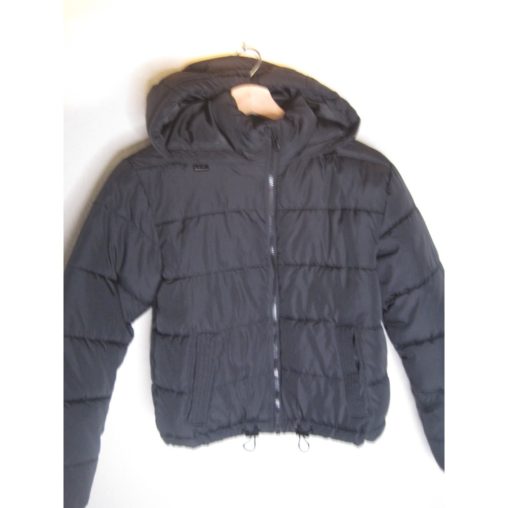 Aeropostale Womens Black Puffer Jacket Hooded Recycled Fill XS Solid Quilted
